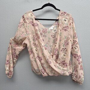 Skylar + Jade Blouse Womens Large Pink Floral Surplice Wrap Long Sleeve V Neck